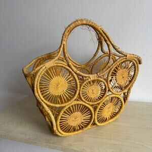 Yellow Straw Sunburst Raffia Open Woven Tote Bag